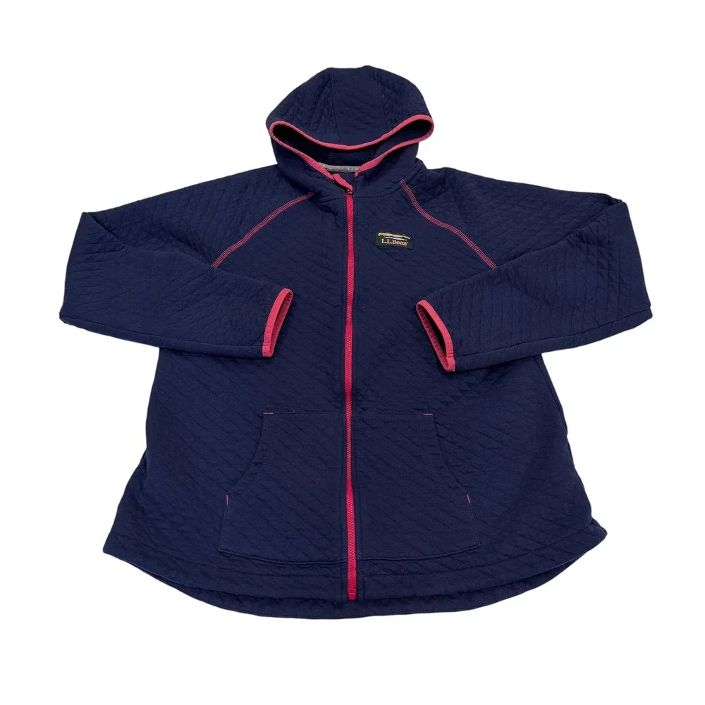 LL Bean Girls XL 18 Quilted Full Zip Hoodie‎ Navy Blue Pink Trim Jacket 507429
